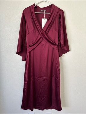 Babeyond Burgundy Wrap Midi Dress with Draped Kimono Sleeves